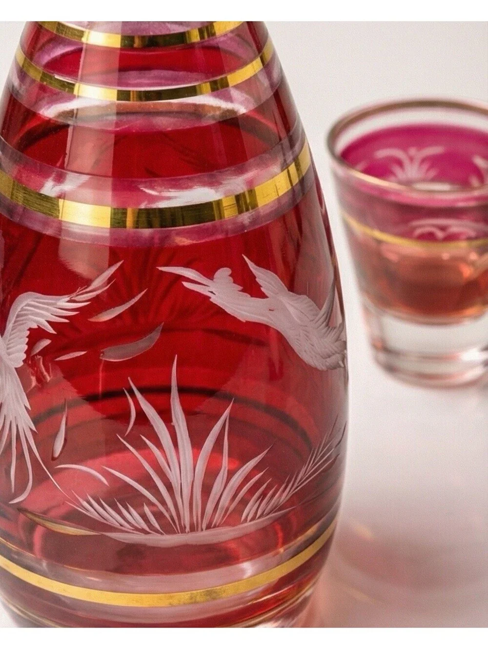Vintage Ruby Red Glass Decanter Set 7pc Gold Trim Etched Bird Barware Set